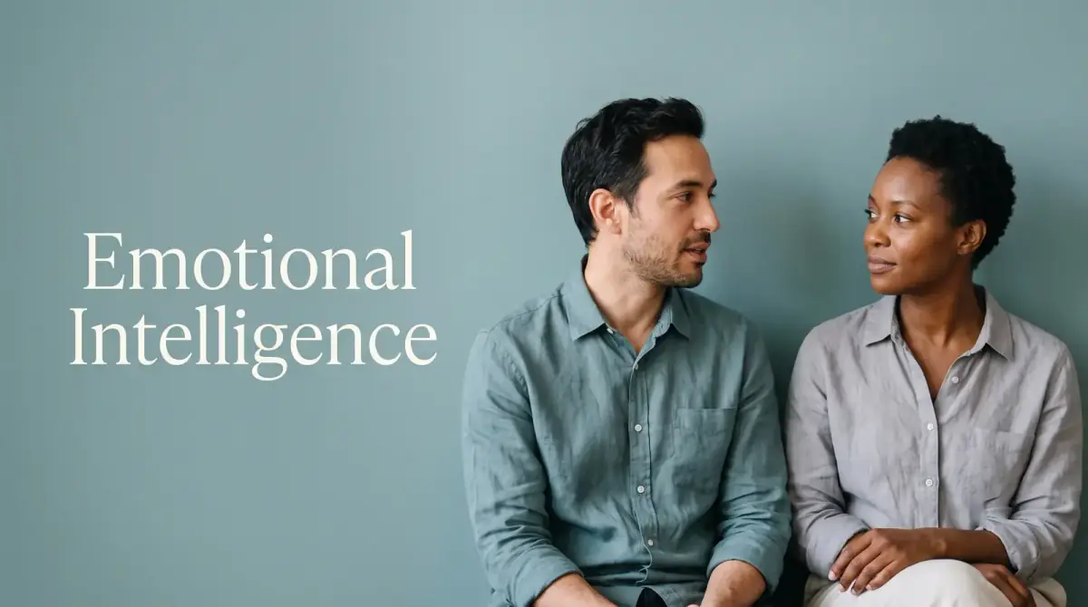 a man and woman seated looking at each other by a teal wall