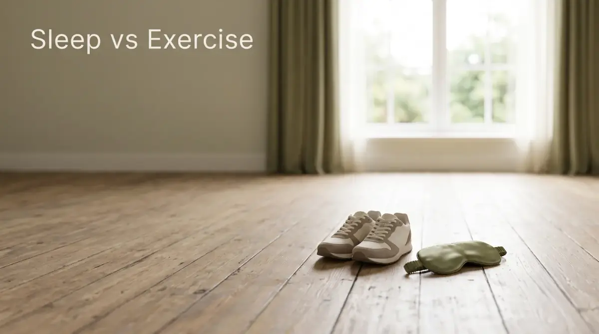 a pair of running shoes and a folded sleep mask resting side by side on a wooden floor