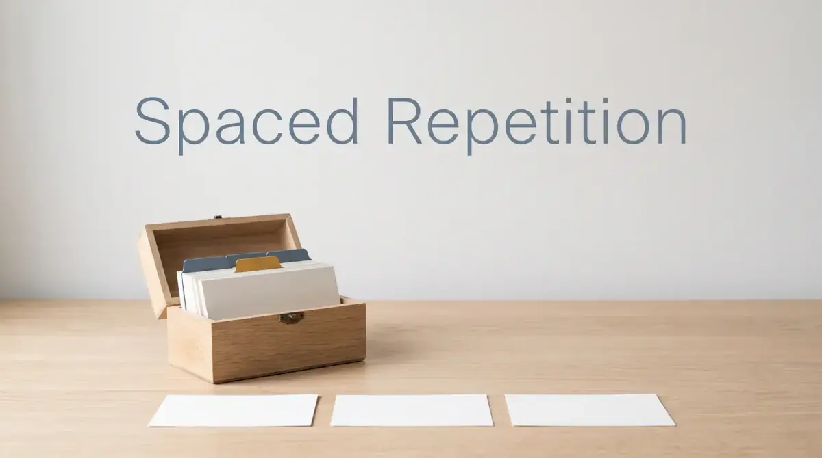 a wooden index card box with dividers and three blank cards on a pale desk