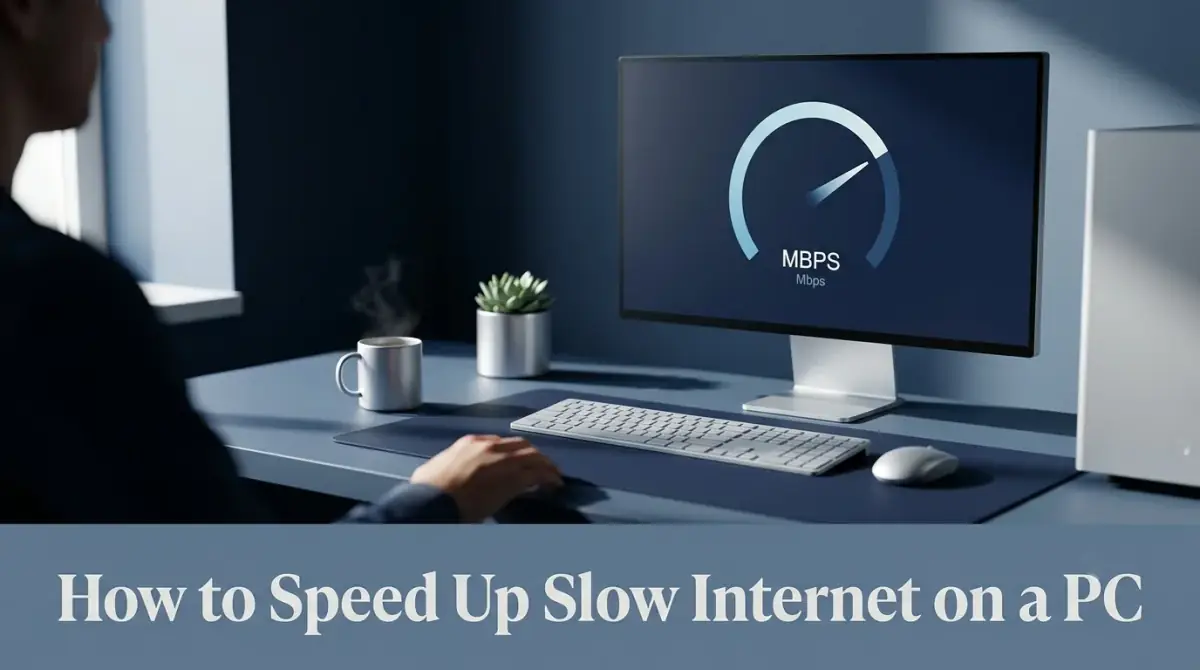 a tidy desktop PC setup with a clean screen showing a simple speed-test gauge