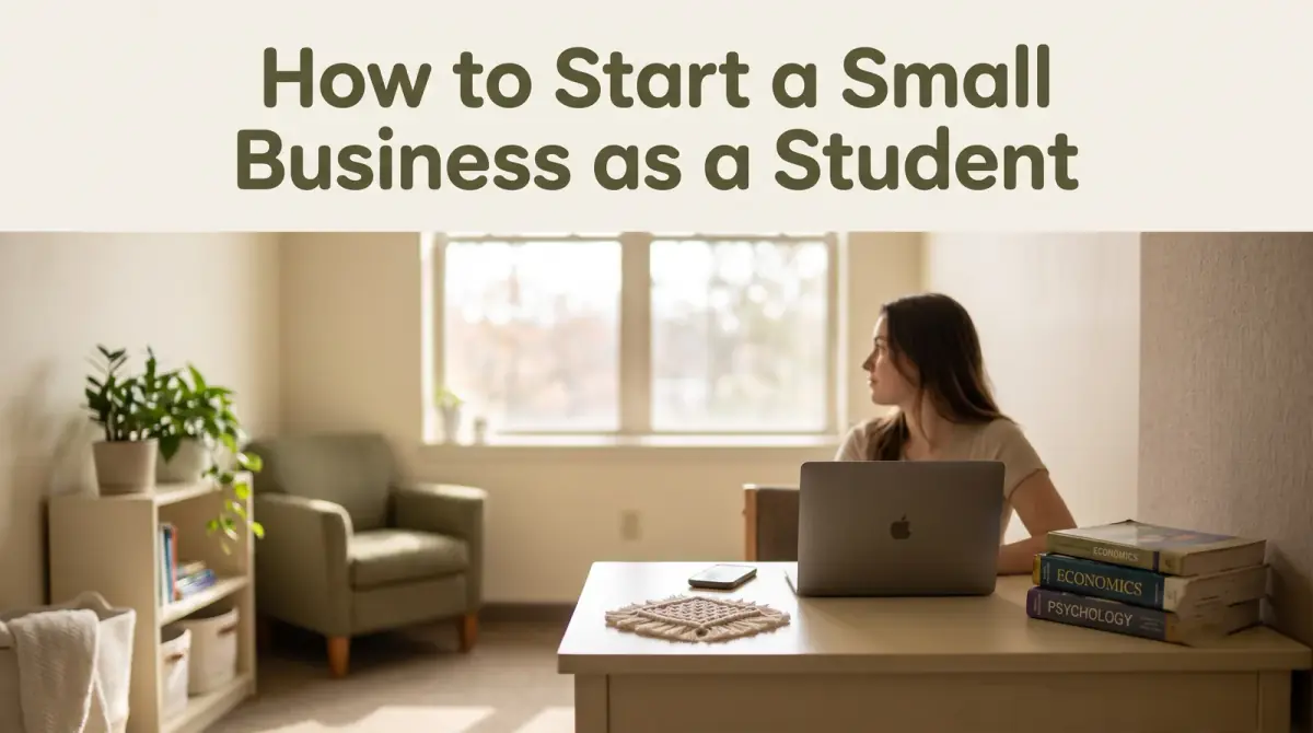 a student's desk with an open laptop, textbooks pushed aside, a small handmade product and a phone