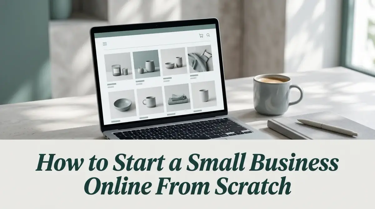 a laptop on a clean desk showing a simple online storefront layout, a coffee and a notebook beside it