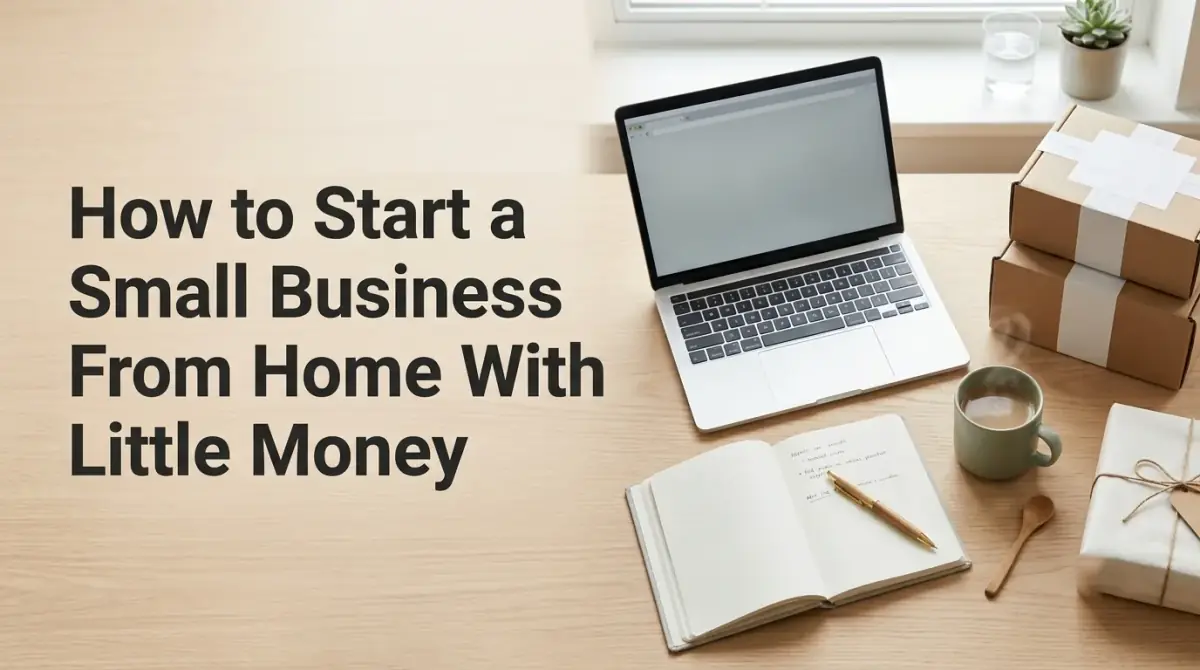 a tidy home desk with a laptop, a notebook, a coffee, and a small stack of packaged products ready to ship