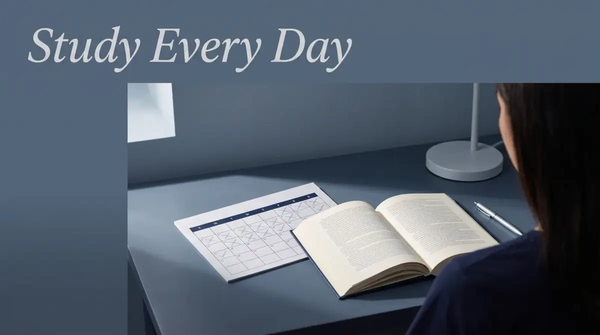 a tidy student desk with a habit calendar and an open book