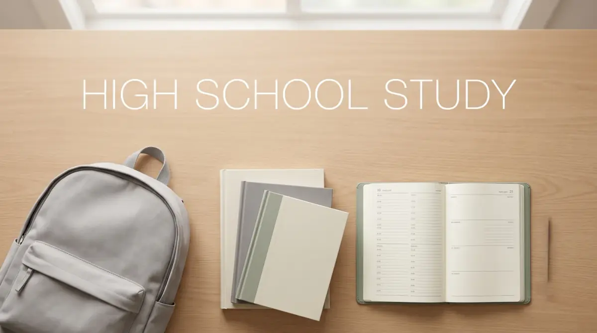 a high-school backpack, textbooks and a planner on a desk