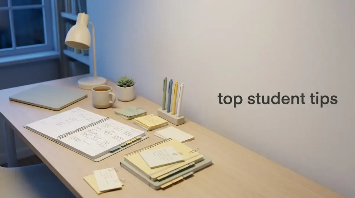 an impeccably organized student desk with a planner and color-coded notes
