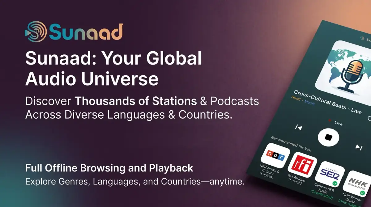 Sunaad app promotional graphic showing the radio player on a phone