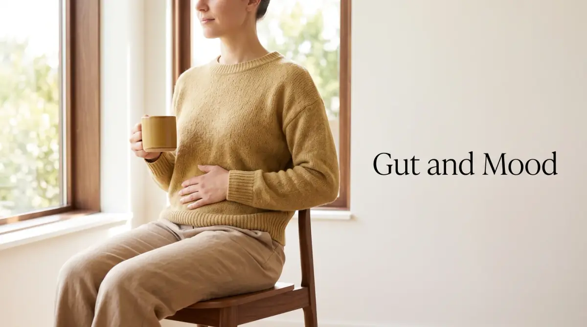 a person holding a warm mug with one hand resting gently on their stomach, seated by a window