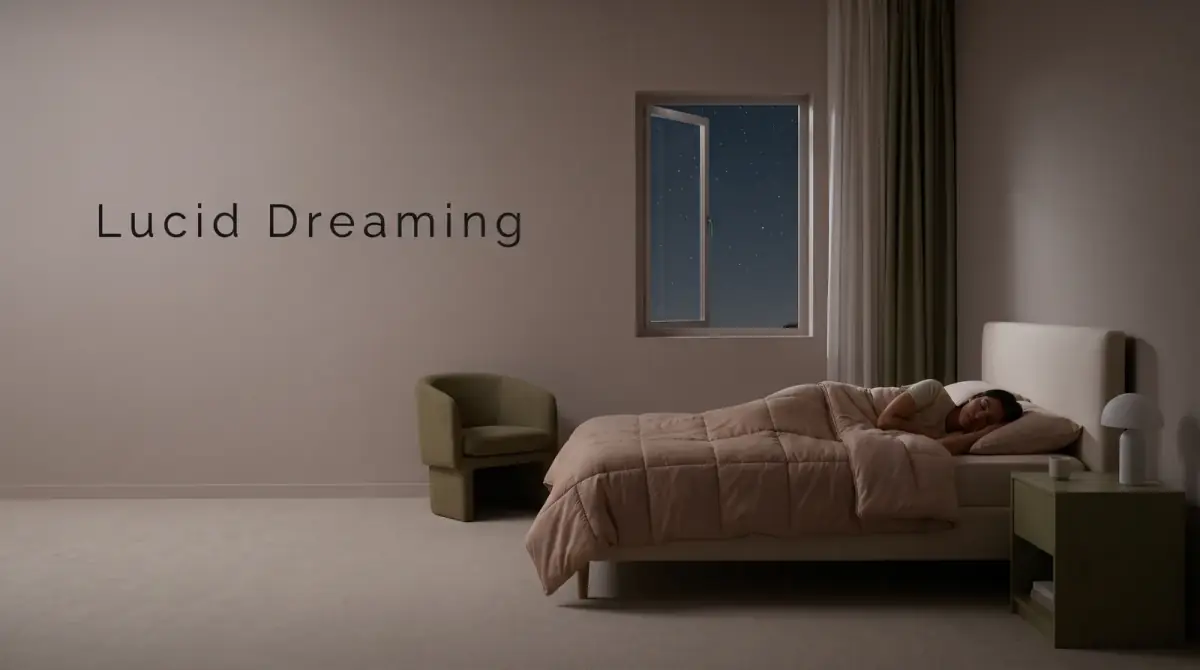 a person asleep in a calm bedroom with a faint open window onto a starry sky
