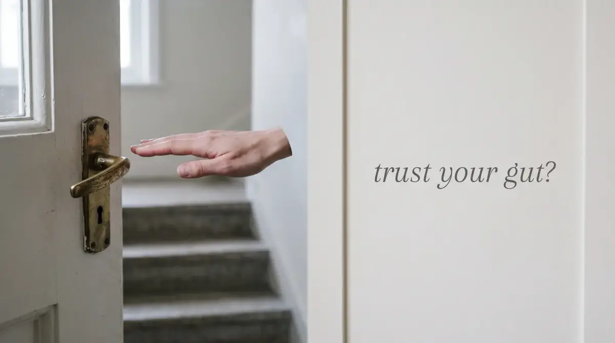 a hand pushing open a door onto a staircase