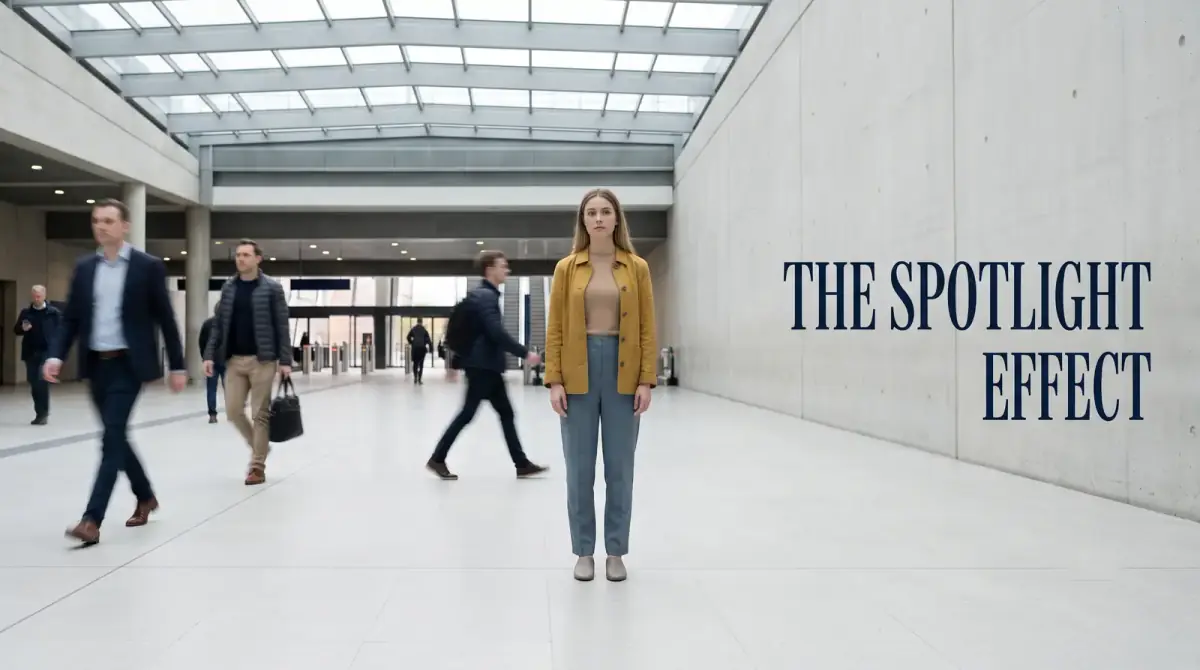 a woman standing still in an atrium as blurred commuters pass