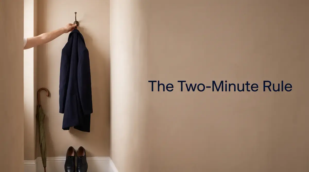 a hand hanging a dark coat on a hallway hook above shoes