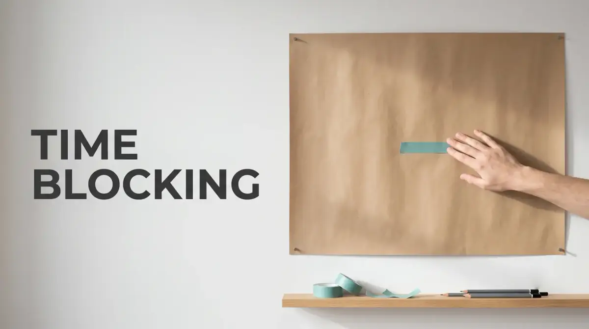a hand placing teal tape on a kraft paper wall planner