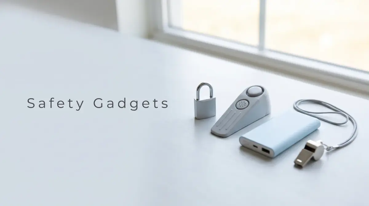 a flat lay of a small padlock, a doorstop alarm, a power bank and a whistle
