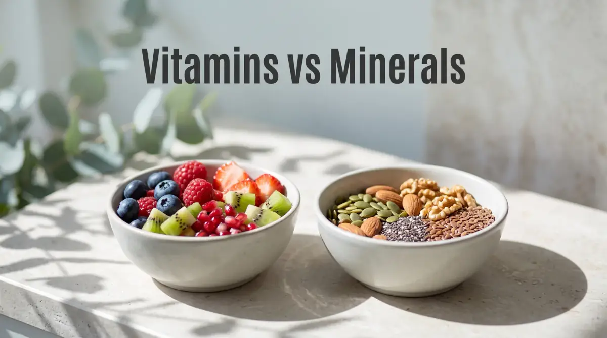 two small bowls side by side, one with colorful fruit, the other with nuts and seeds, on a pale counter