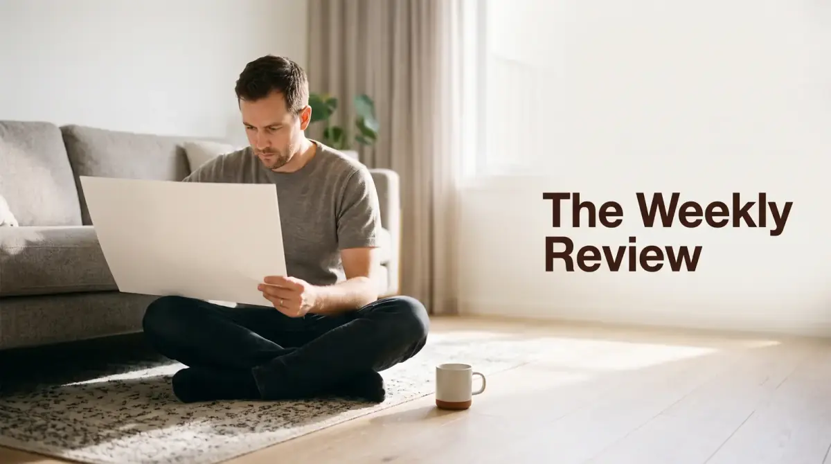 a man sitting on the floor by a sofa reading a large document