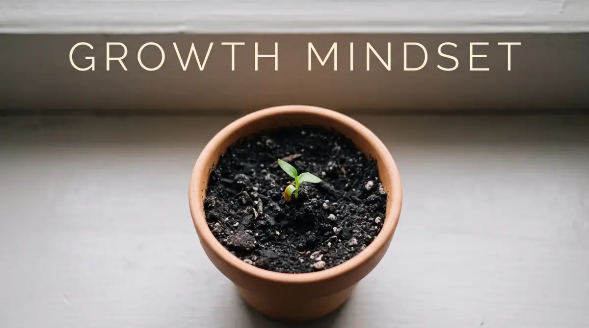 a small green seedling breaking through soil in a plain pot on a windowsill