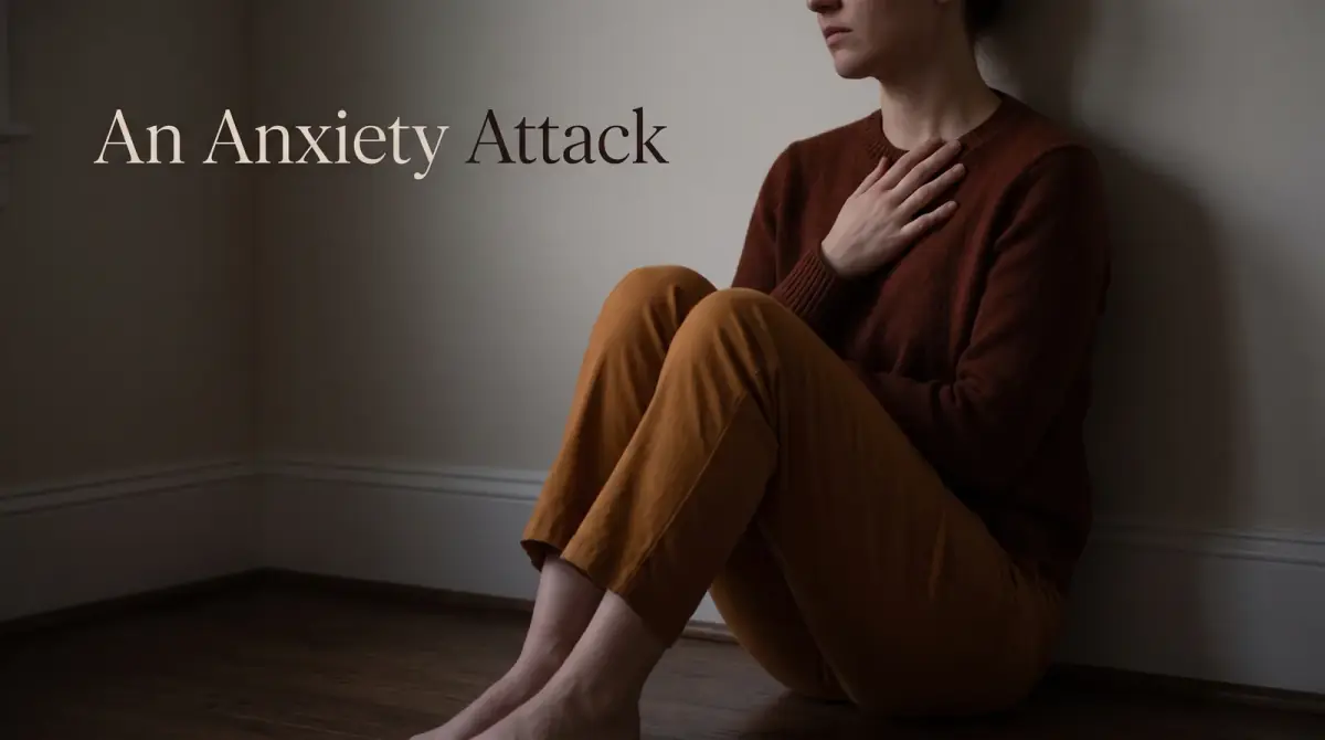 a person sitting on the floor against a wall with knees drawn up and a hand resting on their chest, soft dim light
