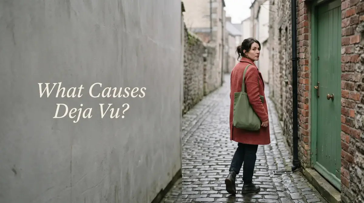 a woman in a red coat glancing back in a cobbled alley