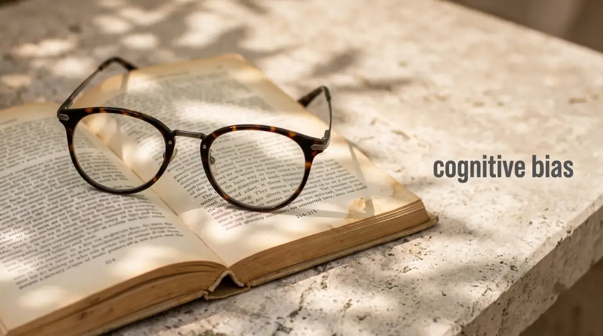 a pair of eyeglasses resting on an open book, one lens gently distorting the text beneath