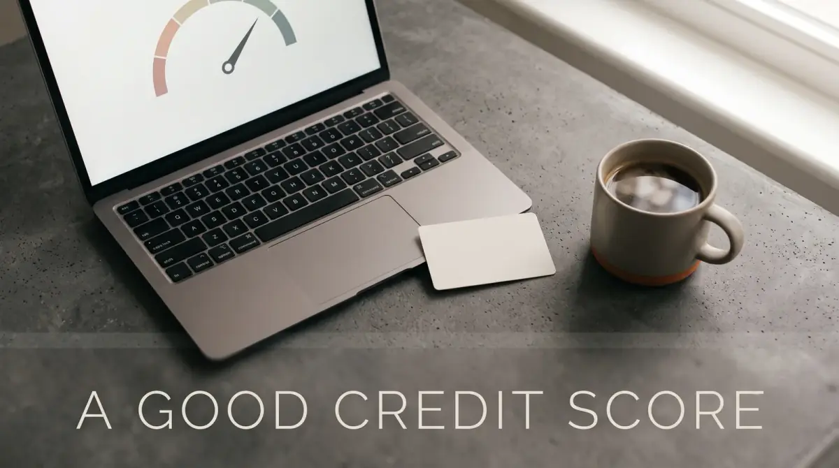 a plain card resting on a desk beside a laptop showing a simple dial gauge and a coffee