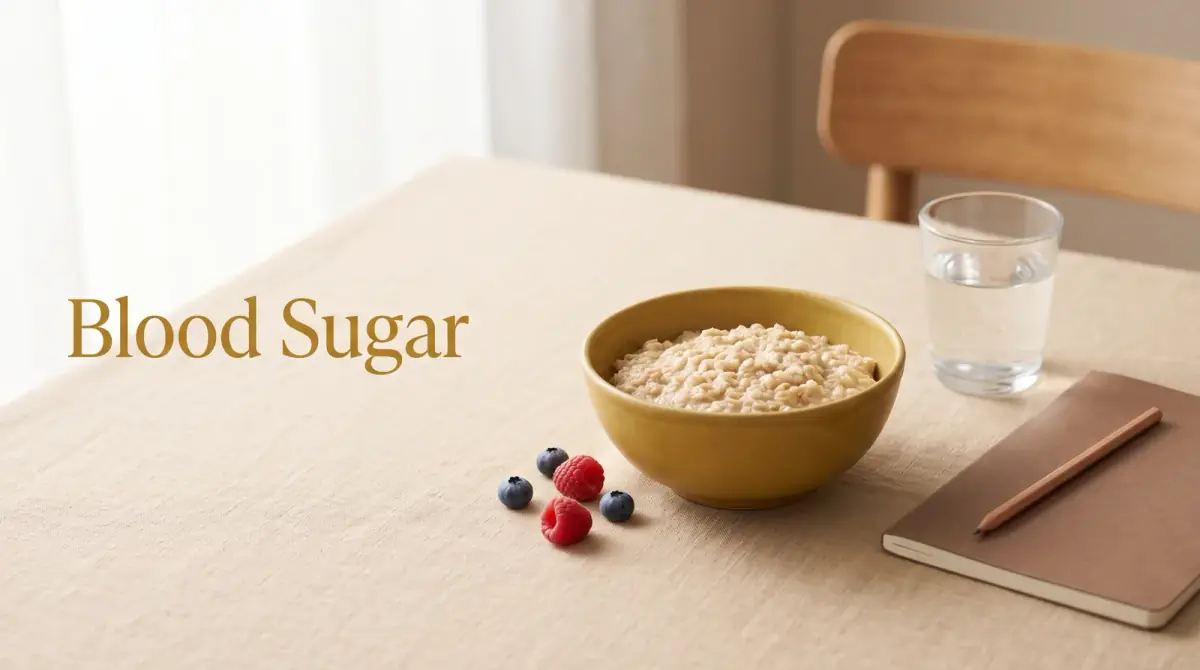a bowl of plain oats with a few berries beside a glass of water and a notebook on a kitchen table