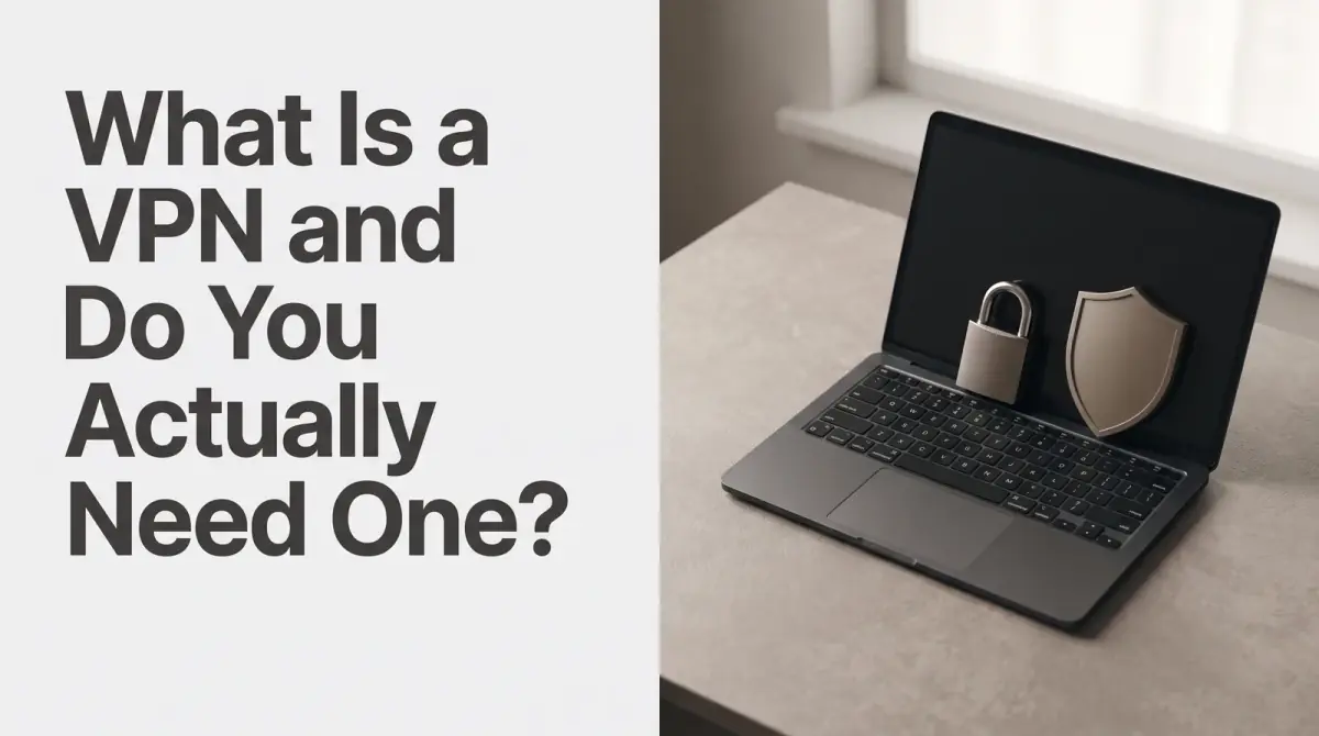 a laptop on a desk with a small padlock on the screen and a shield-shaped object beside it