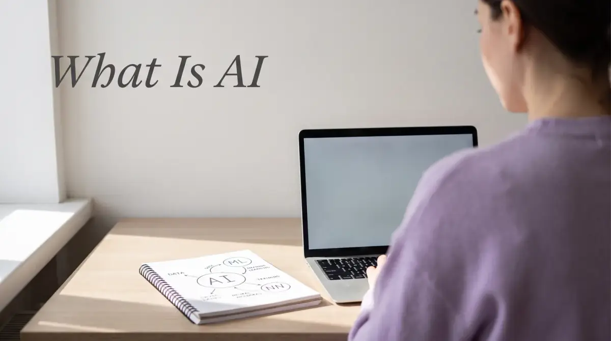 a laptop open on a wooden desk beside a notebook with a simple hand-drawn diagram