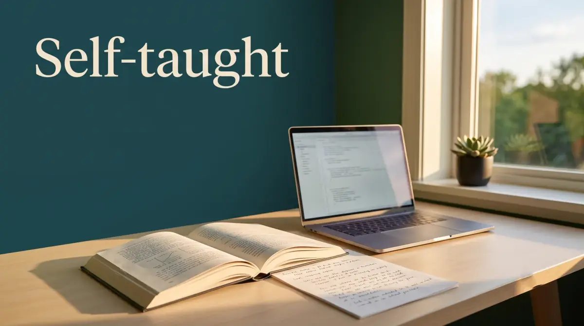 an open book, a laptop and handwritten notes on a desk by a window