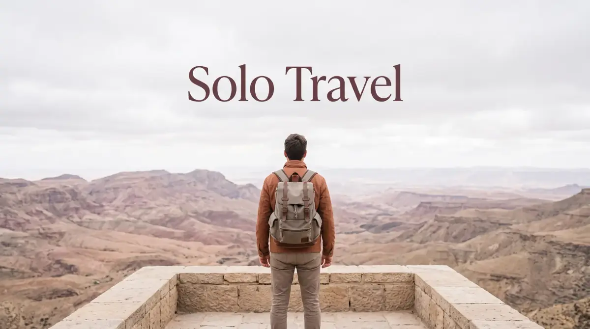 a lone traveler with a backpack looking out over a wide scenic overlook