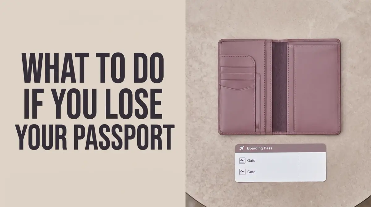 an open, empty travel wallet on a table where a passport should be, a boarding-style card beside it