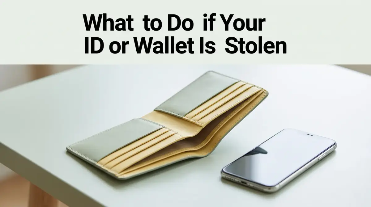 an open empty wallet on a table with the card slots emptied, a phone beside it