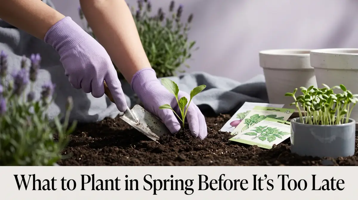 hands planting a small seedling into garden soil with a trowel, seed packets and sprouts nearby