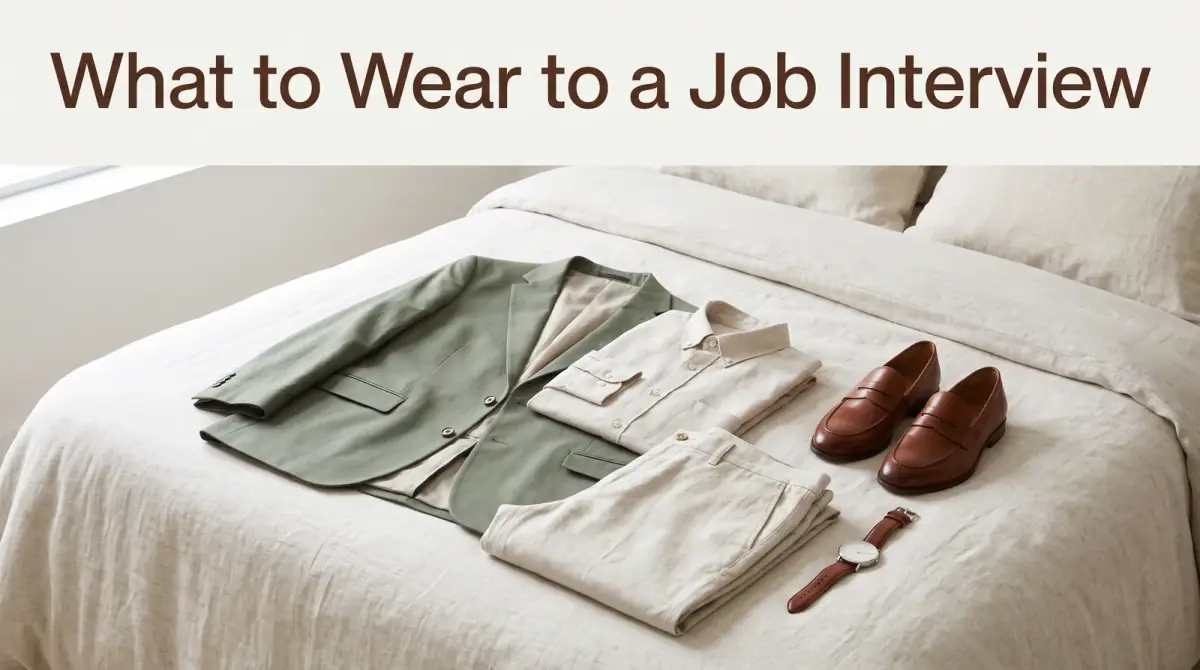 a neat business-casual outfit laid out on a bed with shoes and a watch beside it