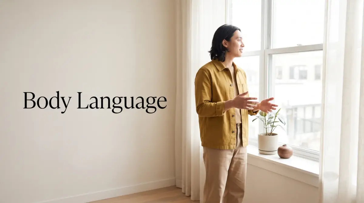 a person standing with open, relaxed posture near a bright window, mid-gesture