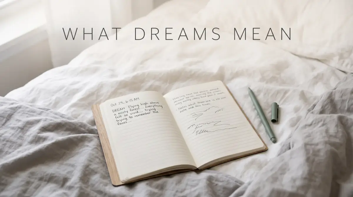 an open dream journal and a pen on a rumpled bed in early dawn light
