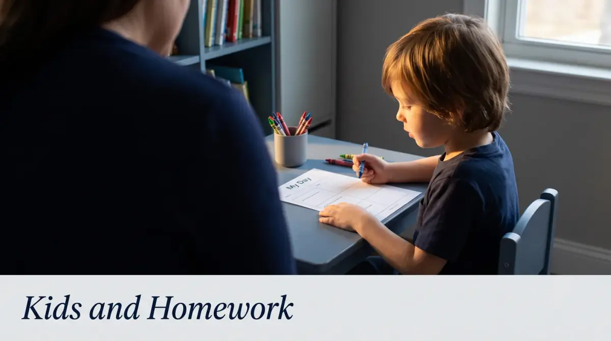 a small desk with crayons and a simple worksheet in warm light