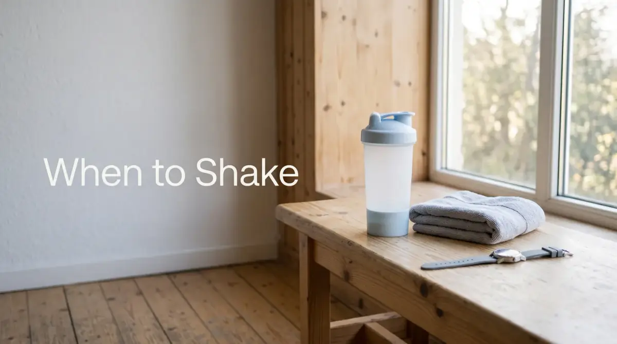 a plain shaker bottle beside a folded gym towel and a wristwatch on a wooden bench