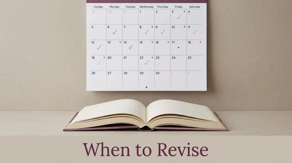 a wall calendar with spaced marks beside an open book