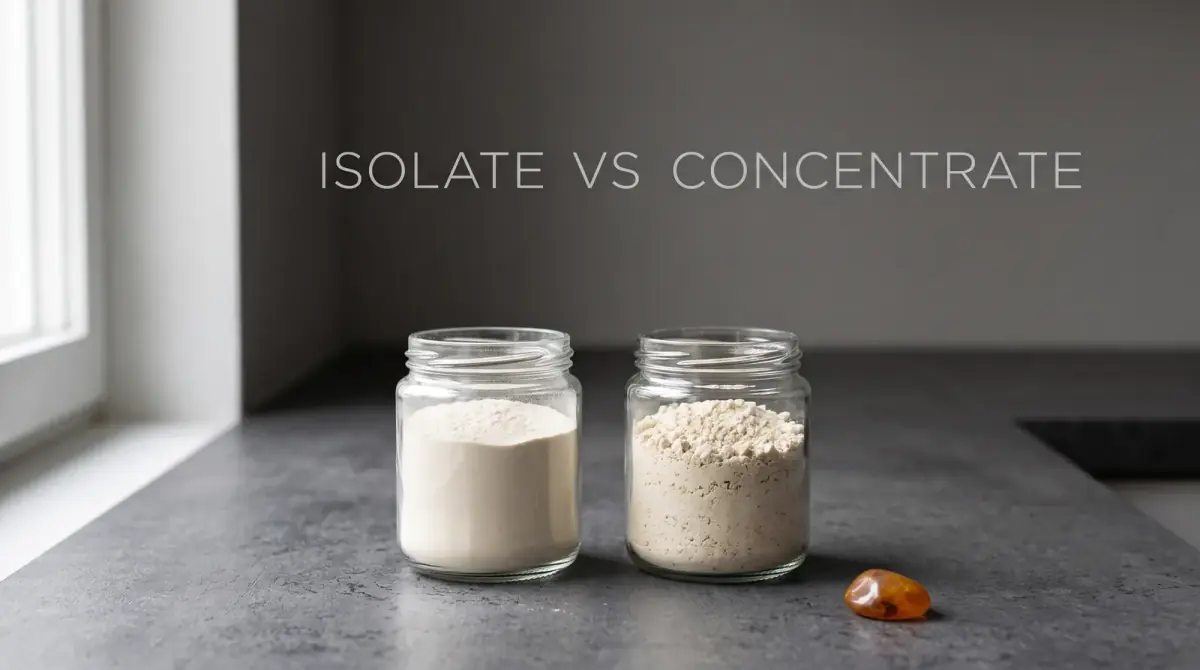 two identical plain glass jars of pale powder side by side on a counter, one finer than the other