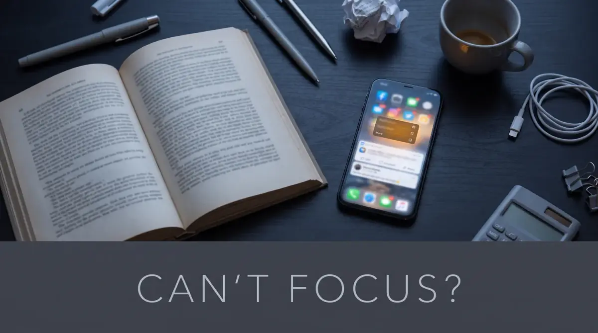 a cluttered desk with a glowing distracting phone beside an open book