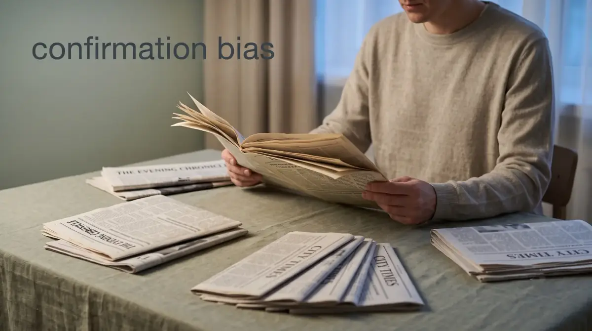 a person reading one open newspaper among several folded ones on a table