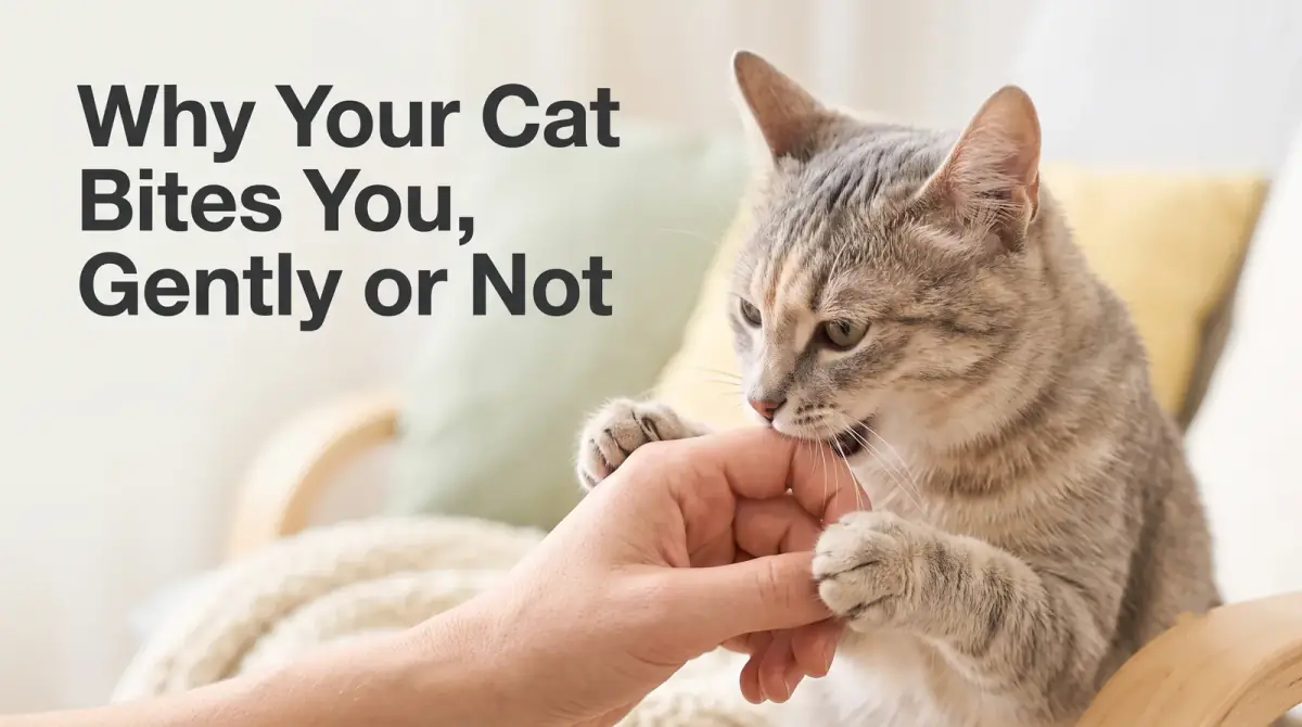 a cat gently mouthing a person's hand during play, soft home background