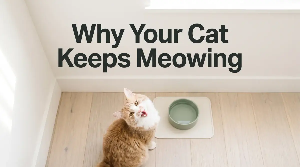 a cat sitting and meowing up at its owner in a kitchen, warm light
