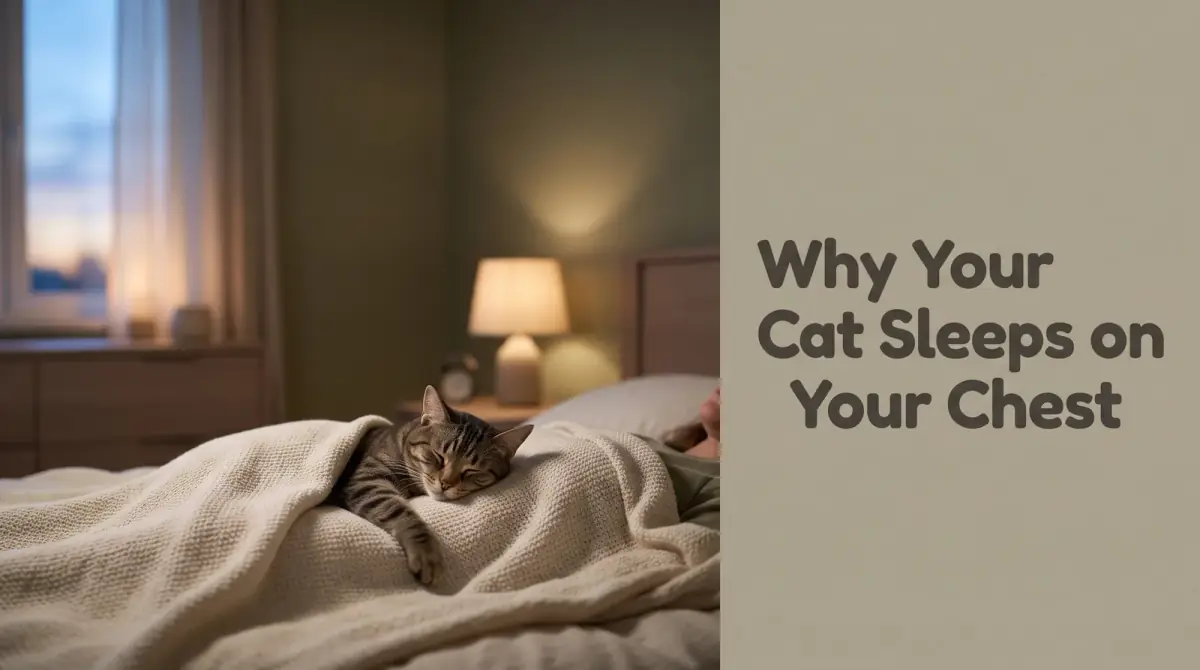 a cat curled asleep on a person's chest under a soft blanket, cozy dim light