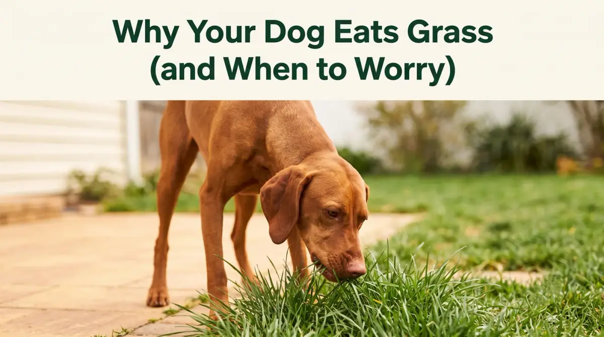 a dog nibbling grass in a green backyard, calm morning light