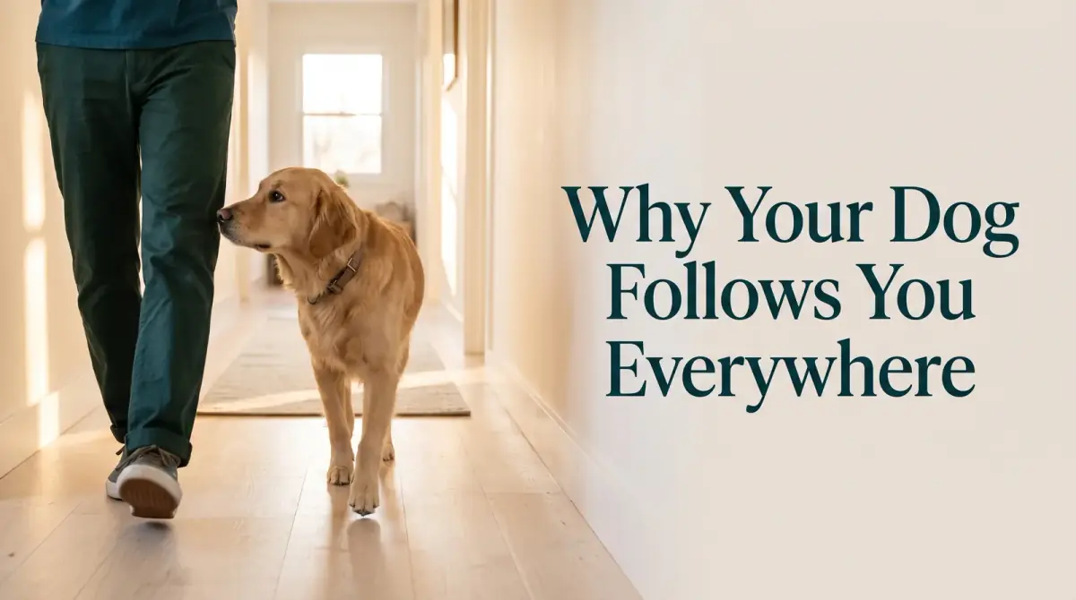 a dog trailing closely behind its owner's legs through a bright hallway