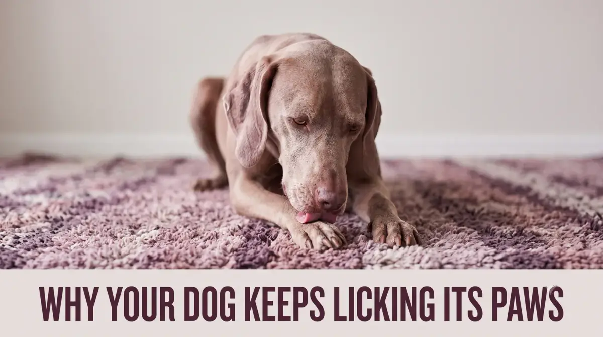 a dog lying down licking its front paw on a soft rug, warm light