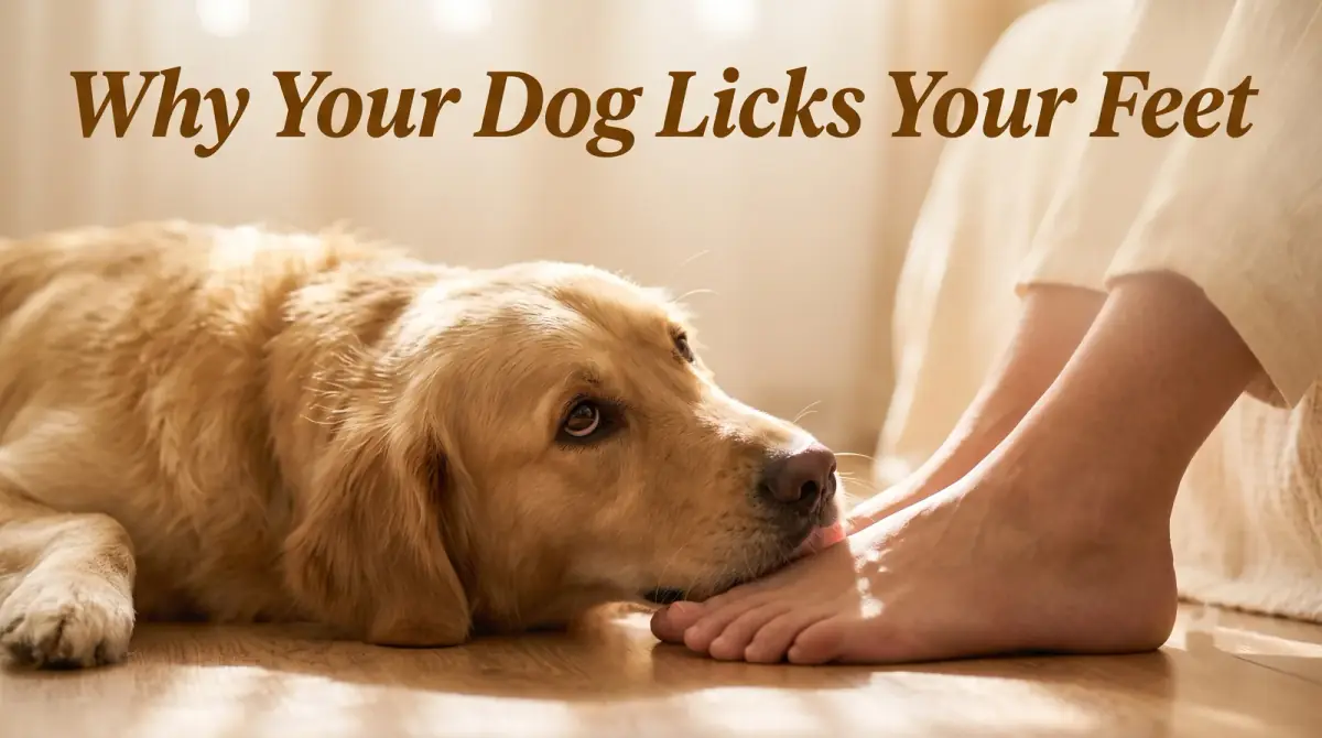 a happy dog gently nuzzling its owner's bare feet on a wooden floor, warm home light