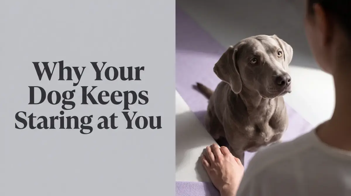 a dog sitting and gazing up with soft, intent eyes, a person's hand nearby